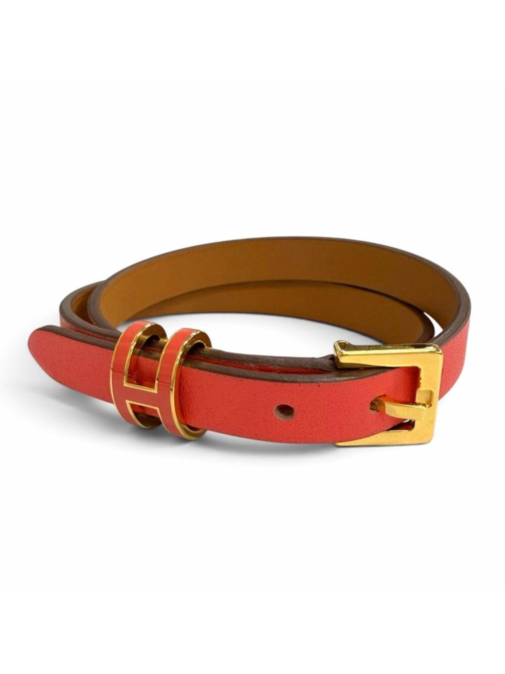 Hermes Pop H Double Tour Gold Leather Bracelet Red T2